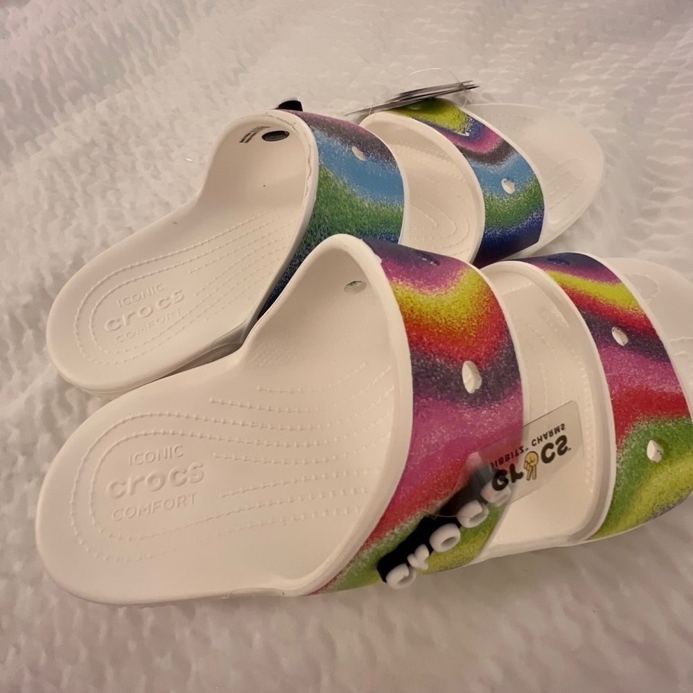 Unisex tie dye crocs new men’s 10 women’s 12 rainbow white slides sandals - Picture 6 of 7
